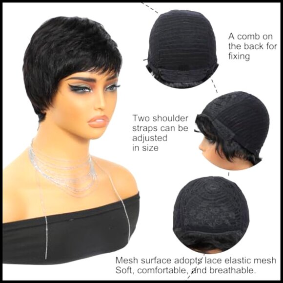 Pixie Cut Human Hair Wig Short Straight With Bangs Glueless Lace Front main image 4